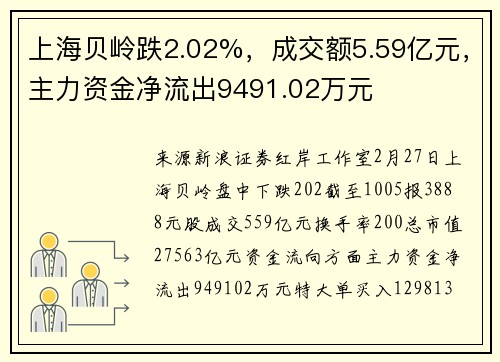 上海贝岭跌2.02%，成交额5.59亿元，主力资金净流出9491.02万元